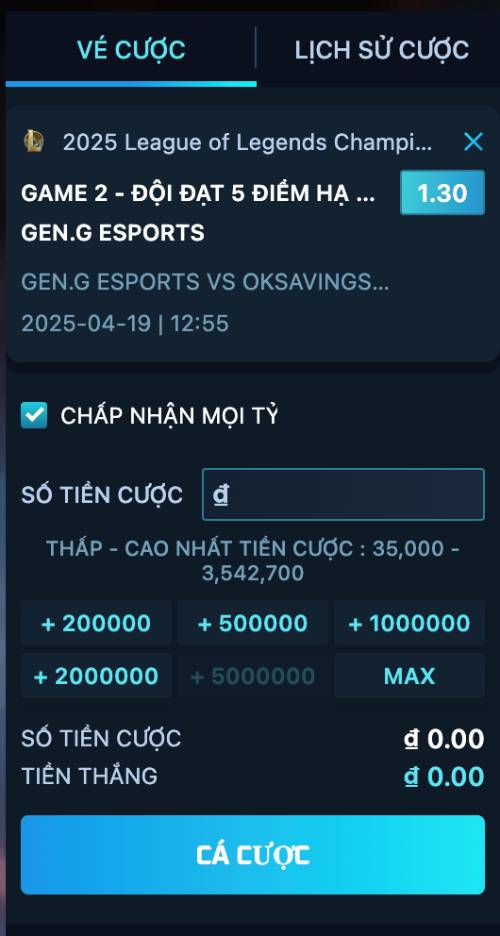 Đặt cược vào đội tuyển giết được 5 mạng đầu tiên