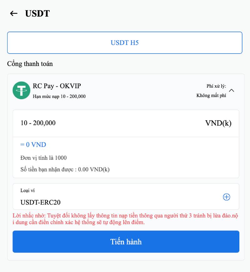 Nạp bằng USDT (Tiền mã hóa)