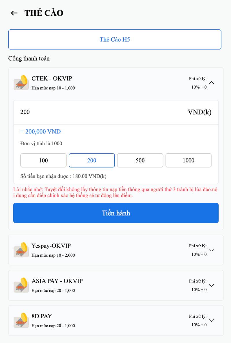 Nạp bằng thẻ cào điện thoại