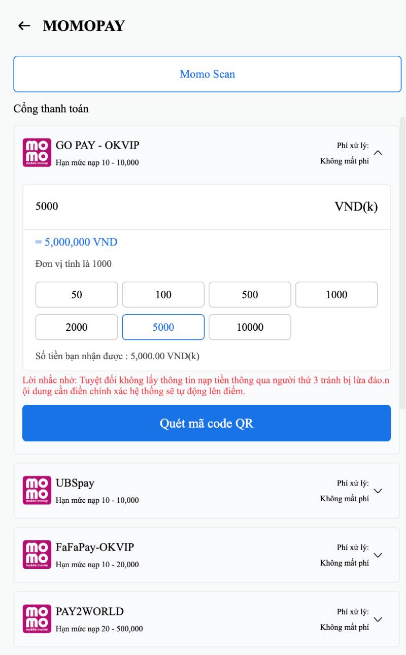 Ví điện tử (Momo, ZaloPay, ViettelPay)